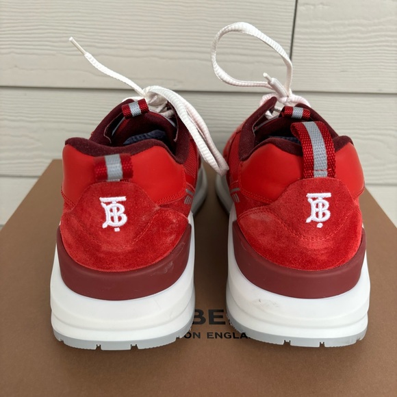 SOLD - Burberry Logo Print Suede Red Sneakers, Like New - Picture 3 of 8